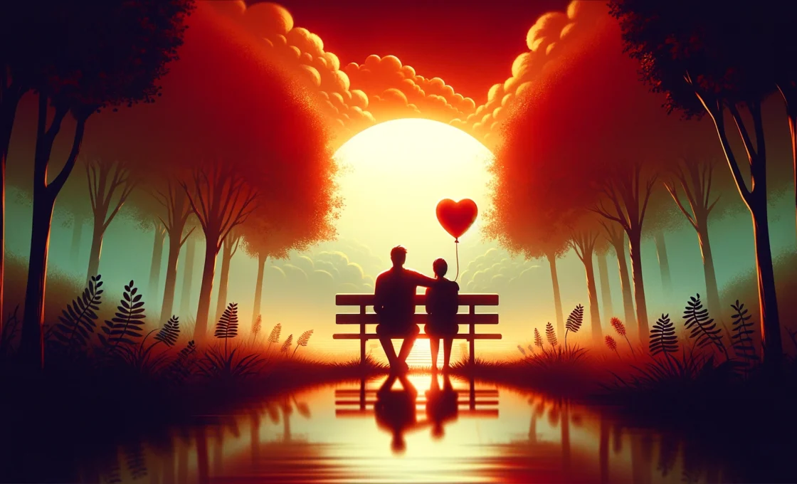 An image depicting the concept of expressing emotions in a relationship without the use of words. Visualize two individuals sitting on a park bench, one with a comforting arm around the other, conveying support. They gaze into a sunset, their silhouettes against the warm glow reflecting understanding and empathy. A single red heart-shaped balloon floats above them, symbolizing love. The scene is peaceful, with a few trees around for privacy and a serene lake in front, mirroring their calm posture. This image should capture the essence of emotional exchange and connection in a romantic setting.