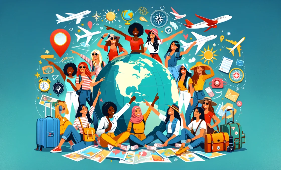 The image showcases a group of women from diverse ethnic backgrounds, each displaying a joyful and empowered demeanor. They are gathered around a globe, each pointing to different travel destinations, symbolizing the planning phase of their adventure. Some are holding travel gear like backpacks and cameras, while others are holding guidebooks and brochures. The background features iconic travel symbols such as airplanes, compasses, and maps, alluding to the excitement of travel and exploration. The image's atmosphere is energetic and inclusive, capturing the spirit of camaraderie and discovery in forming a women's travel group.