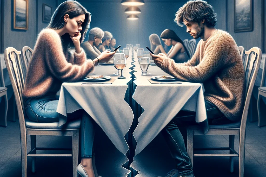 image of a young couple sitting at opposite ends of a long dinner table, each looking at their own smartphones, with a visible gap or crack on the floor between them symbolizing a communication breakdown. The setting should be a dimly lit dining room, conveying a somber mood. The couple should be of indeterminate descent, with one individual having short hair and the other long hair, wearing casual yet disheveled clothing, to reflect a domestic environment.