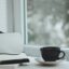 Woman journaling with coffee by a window in the morning