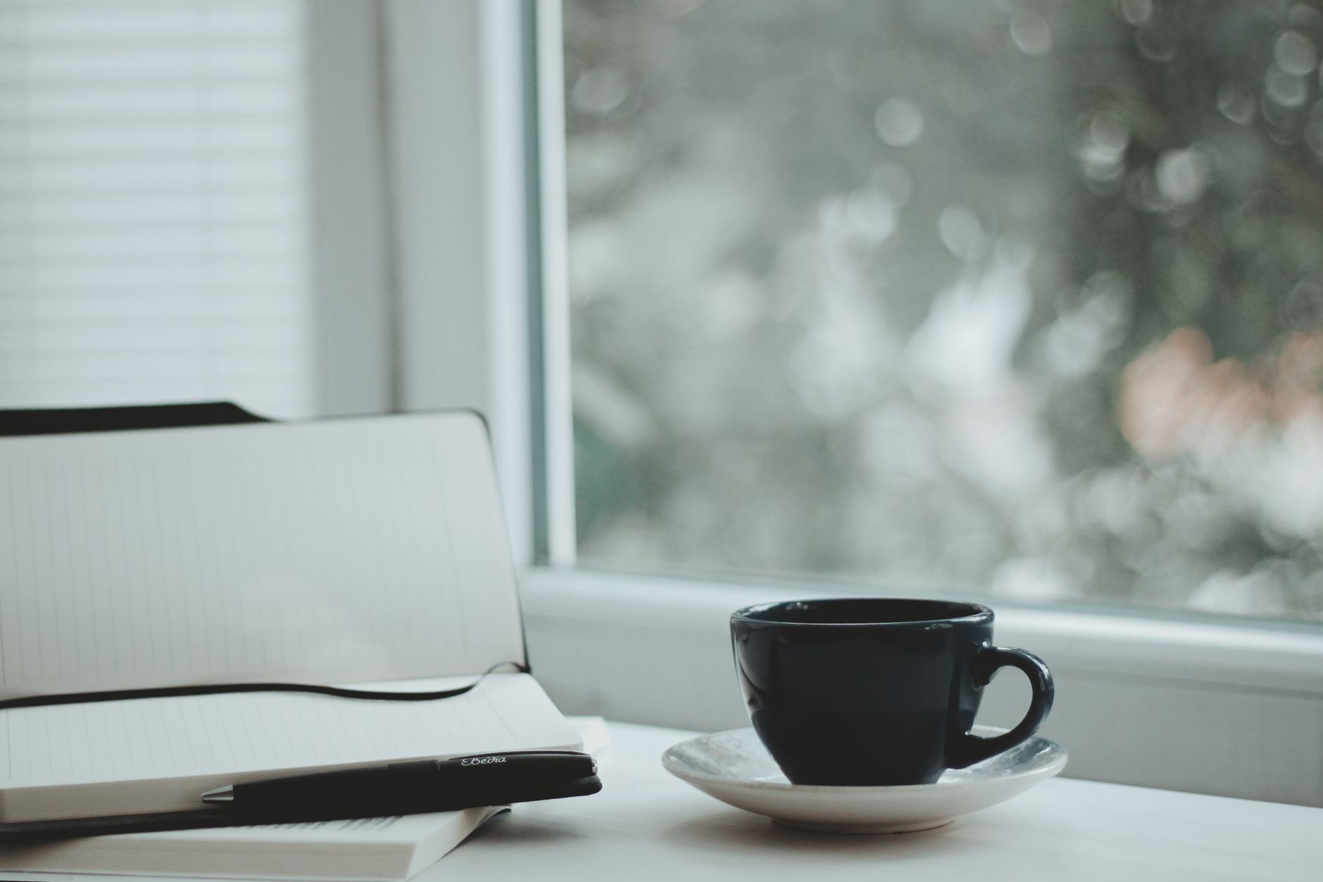 Woman journaling with coffee by a window in the morning