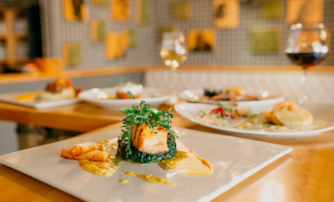 A large plated restaurant meal on a table